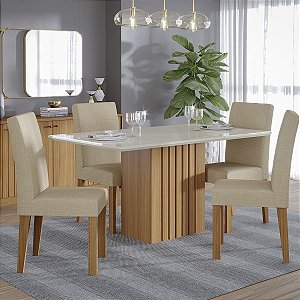 Mesa CImol Ana com Vidro 1,30m com 4 Cadeiras Maia CInamomo com Off White Tecido Gengibre