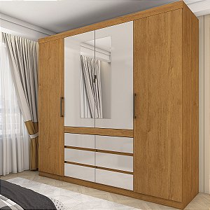 Guarda Roupa Carioca Império 4 Portas 6 Gavetas com Espelho 200cm Cinamomo/Off White