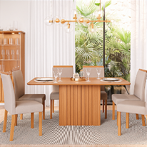 Mesa Cimol Ana Cinamomo com Off White 1,80m com Vidro 6 Cadeiras Maia Gengibre