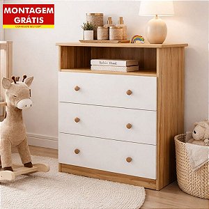 Cômoda Peroba Smim New 1 Nicho 3 Gavetas Branco/Amêndoa