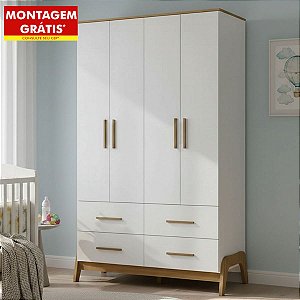 Guarda Roupas Peroba Guti Retrô 4 Portas 4 Gavetas 127cm Branco/Amêndoa
