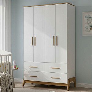 Guarda Roupas Peroba Guti Retrô 4 Portas 4 Gavetas 127cm Branco/Amêndoa