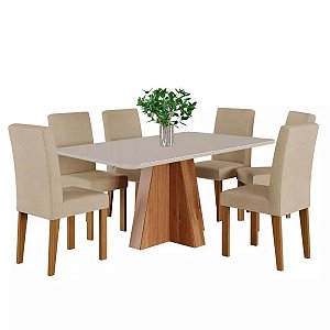 Mesa Cimol Larissa Tampo de Vidro 1,60m com 6 Cadeiras Maia Cinamomo com Gengibre