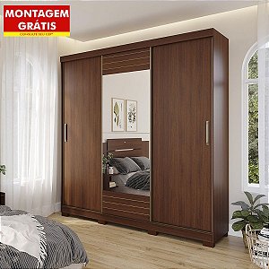 Roupeiro Panan Buzios 100% Mdf 3 Portas Slide 4 Gavetas 2,14m x 1,99m x 0,52m com Espelho Jequitibá