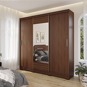 Roupeiro Panan Buzios 100% Mdf 3 Portas Slide 4 Gavetas 2,14m x 1,99m x 0,52m com Espelho Jequitibá