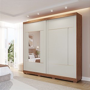 Guarda Roupas Panam Olívia Casal Espelho 2 Portas de Correr e Pés em MDF CInamomo com Off White