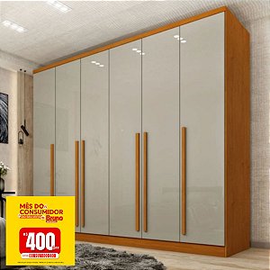 Guarda Roupas Tcil Sevila 6 Portas 8 Gavetas 2,70m x 2,40m x 0,55m Cinamomo com Off White