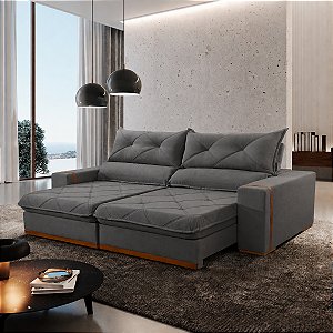Sofá Teixeira Retrátil Boaz 2,5m Pillow 25cm Tecido Luxo Cinza