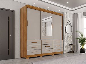 Guarda Roupas Slim 3 Portas 2,17m x 1,80m x 0,47m Cinamomo com Off White com Pés e com Espelho