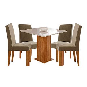 Mesa Cimol Sophia 0,95m x 0,95m com vidro 4 Cadeiras Maia CInamomo com Off White e Joly