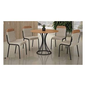 Mesa de Jantar Tubo Minas Onix Redonda 1,10m com 4 Cadeiras Malta Preto Fosco/Bege