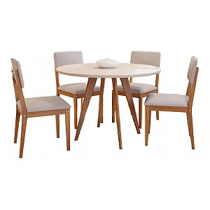 Conjunto Mesa Cimol Acerola Redonda 1,09m com Vidro e 4 Cadeiras Sabiá Linho Cinza Cinamomo/Off White
