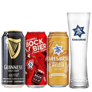 Combo Cerveja Guinness, Bock e Weizen + Copo Karlsbrau
