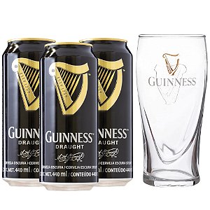 Kit 3 Cervejas Guinness Draught, Lata 440ml + Copo 568ml