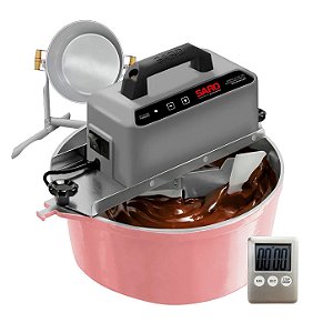 Kit Panela Elétrica Automática de Brigadeiro 10 Litros Rosa Saro + Suporte Vira Panela + Timer