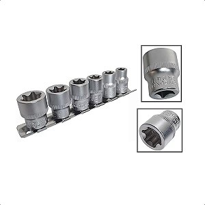 Jogo Soquetes Fêmea Torx Encaixe 3/8Pols 6 Peças CRV 10-20mm
