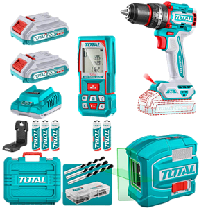 Kit TOTAL Parafusadeira 20V+ Nível Laser + Trena Digital 70m