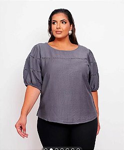 BLUSA LISA MANGA AMPLA FRANZIDA COM RENDA