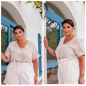 BLUSA POLYLINHO COM  MARTINGALE NA MANGA - bege