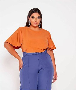 BLUSA LISA COM MANGAS EM BABADOS TELHA