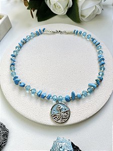 Colar Medalha Iemanjá em Pedras Turquesa