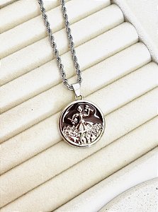 Colar Medalha Xangô Prata 60 cm