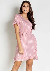 Vestido Poá Rosê com Babado e Faixa