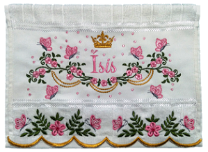 Toalha Bordada de Mão Lavabo com Borboletas e Correntes Douradas para Personalizar. 30 x 45 cm. Marca Dohler