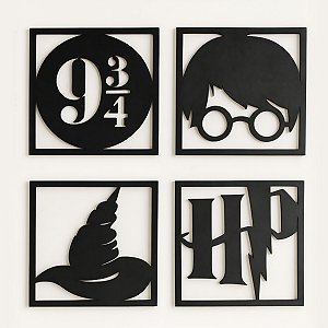 Kit 4 Quadros Decorativos HarryPotter MDF 20x20 Preto
