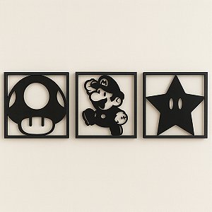 3 Quadros Decorativos Aplique de Parede Tema Game MarioBros