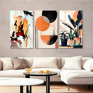 Trio de Quadros Decorativos - Abstrato Geométrico Plantas