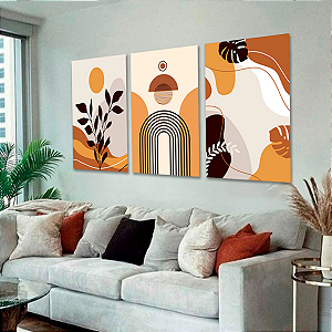 Trio de Quadros Decorativos - Abstrato Orgânico Tons Terrosos Boho
