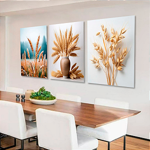 Trio de Quadros Decorativos - Trigo Dourado Prosperidade e Fartura