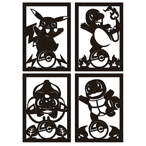 Kit 4 Quadros Pokémon Silhueta em MDF Preto 40x28 cm (Pikachu, Charmander, Bulbasaur, Squirtle)