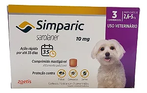 Antipulgas Simparic 10mg para cães de 2,6 a 5kg Embalagem com 3 comprimidos