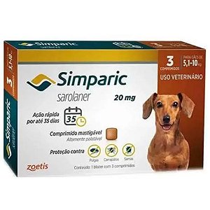 Antipulgas Simparic 20mg para cães de 5 a 10kg Embalagem com 3 comprimidos
