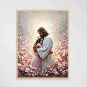 Quadro Decorativo Jesus e Menina Abraçados Flores Religioso