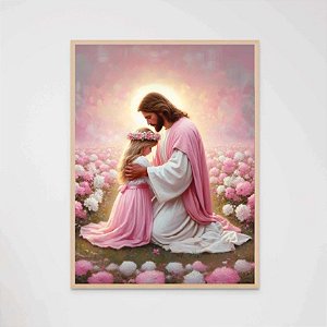 Quadro Decorativo Jesus e Menina Flores Religioso