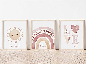 Kit 3 Quadros Decorativos Infantil Love Arco Íris Sol Boho Quarto Menina