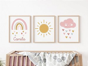 Kit 3 Quadros Decorativos Infantil Nuvem Arco Íris Sol  Quarto Menina
