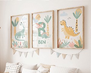 Kit 3 Quadros Personalizado com Nome Dinossauro Quarto Menino