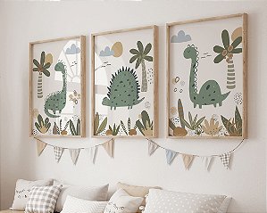 Kit 3 Quadros Decorativos Dinossauros Quarto Menino
