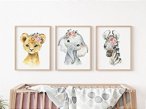Kit 3 Quadros Decorativos Animais Flores Quarto Menina