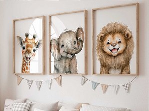 Kit 3 Quadros Decorativos Safari Animais Baby Sorrindo Quarto