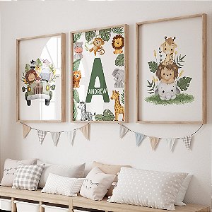Kit 3 Quadros Personalizado com Nome Animais Safari Quarto Menino