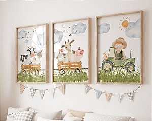 Kit 3 Quadros Animais Fazendinha Trator Quarto Menino