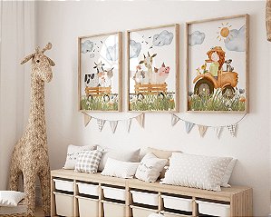 Kit 3 Quadros Animais Fazendinha Trator Quarto Menina
