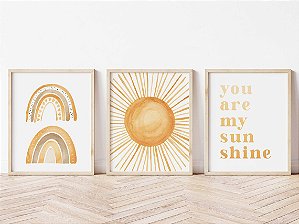 Kit com 3 Quadros Sol Arco-íris Amarelo Decoração Quarto