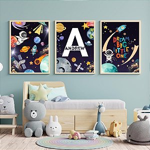 Kit com 3 Quadros Astronauta Espaço Personalizado com Nome