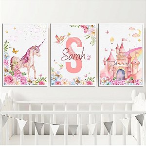 Kit 3 Quadros Unicórnio Castelo Personalizado com Nome Quarto Menina